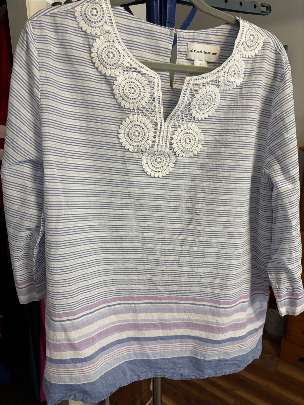 Alfred Dunner White, Light Blue & Lavender Striped Tunic with Lace Neckline